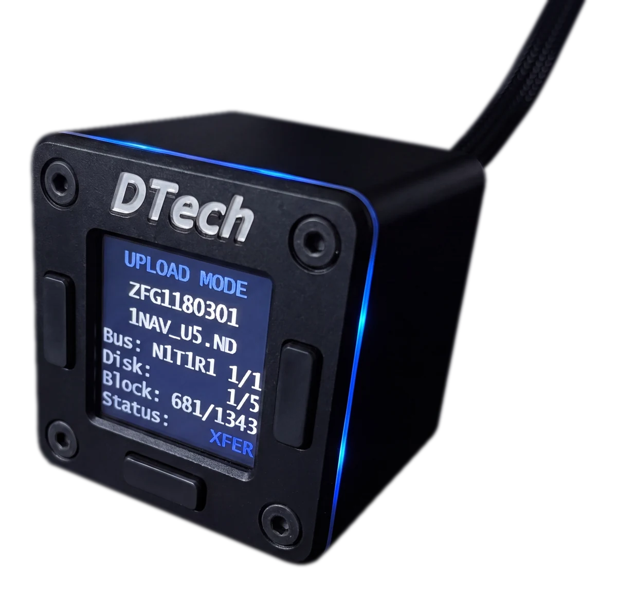 nanoPDL ARINC 615 portable data loader mid-upload, its display showing the transfer in progress